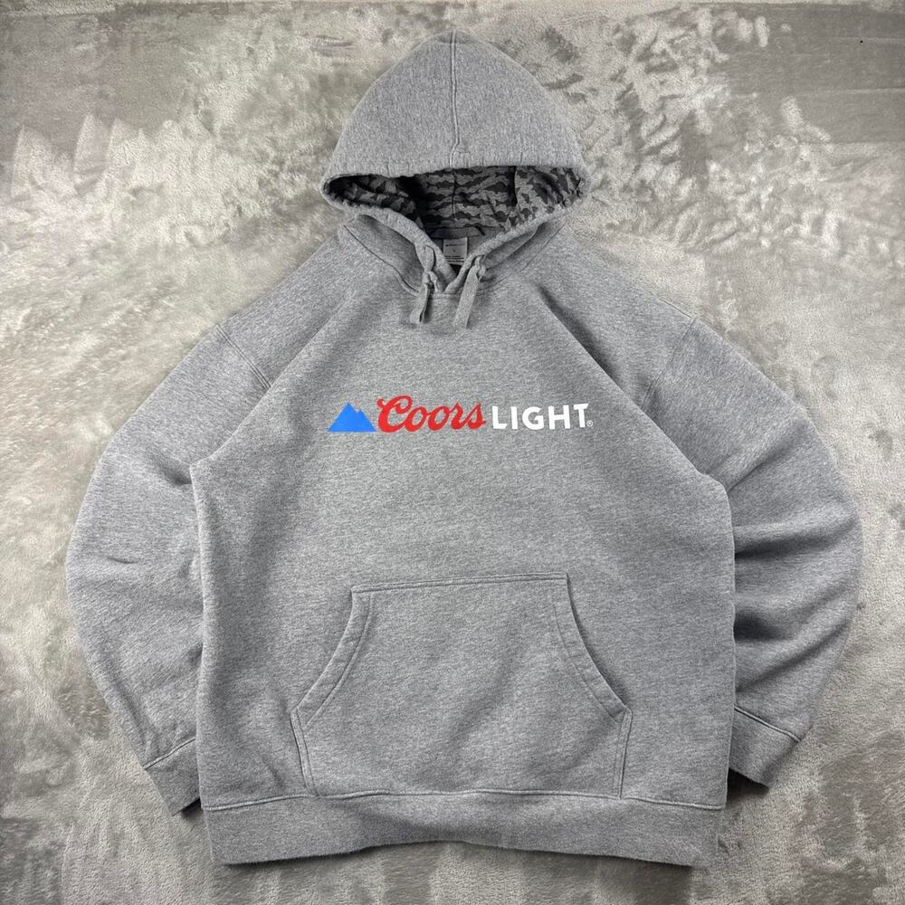 Coors Light Hoodie Mens Large Gray Pullover Beer Logo Camo Hood Kangaroo Pocket